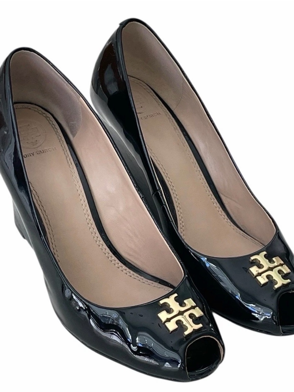 Tory Burch Black Patent Leather Peep-Toe Wedge with Gold Logo - Picture 7 of 15